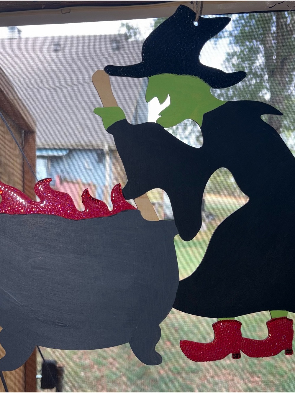 Handcrafted Halloween Witch Window Hanging - Black & Green